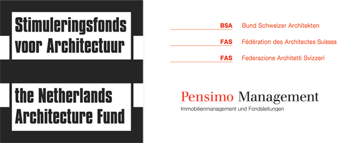 An image showing the logos of our sponsors: Stimuleringsfonds voor Architekctuur (The Netherlands Architecture Fund) / Bund Schweizer Architekten / Pensimo Management AG